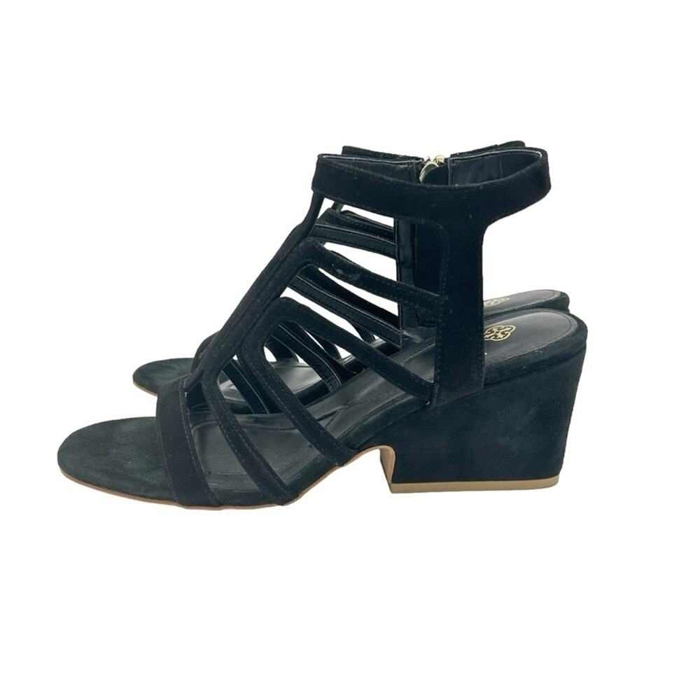 Isola Lina Cage Sandals Womens Size 8.5 Black Suede Side Zip Sculpted Heel Edgy